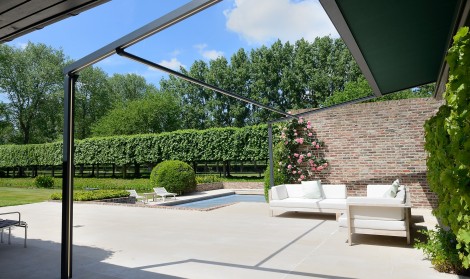 Brustor retractable roof pergola, shown retracted