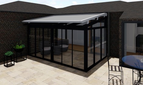 Brustor sun room awning shown installed above a sun room