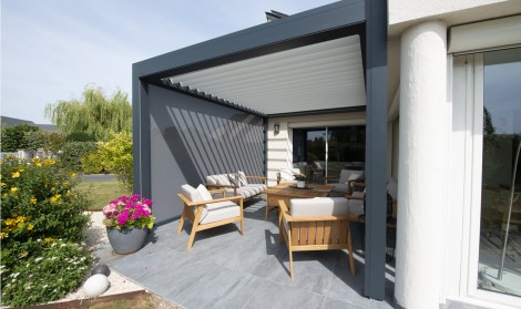 Brustor pergola shown with roof closed to provide shading