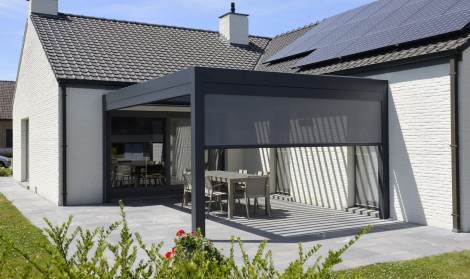 Brustor metal frame pergola shown with optional screen