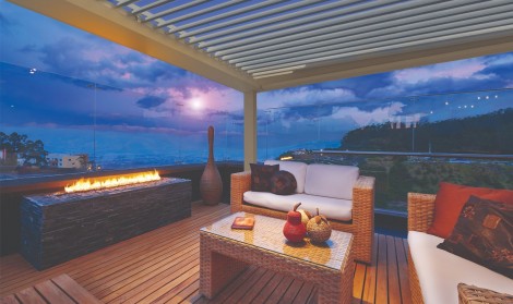 Night time image of a modern terrace cover